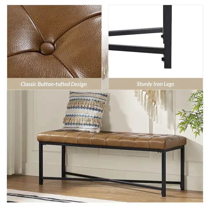 Modern 50.5" Genuine Leather Upholstered Bench with Metal Legs