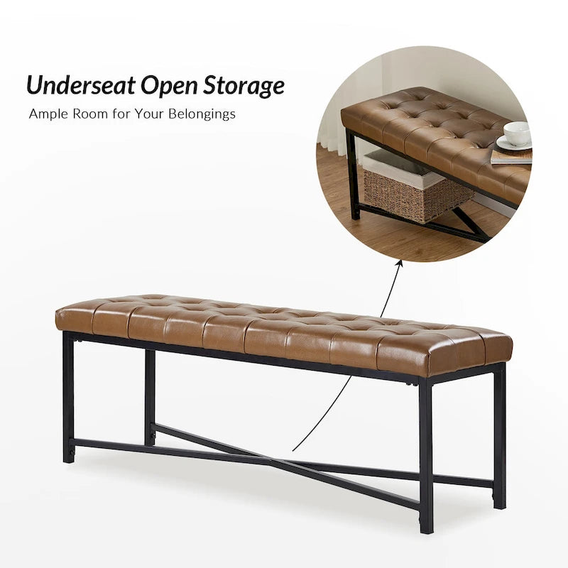 Modern 50.5" Genuine Leather Upholstered Bench with Metal Legs