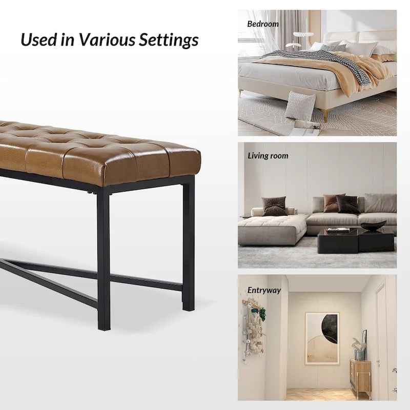 Modern 50.5" Genuine Leather Upholstered Bench with Metal Legs