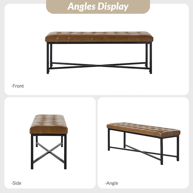 Modern 50.5" Genuine Leather Upholstered Bench with Metal Legs