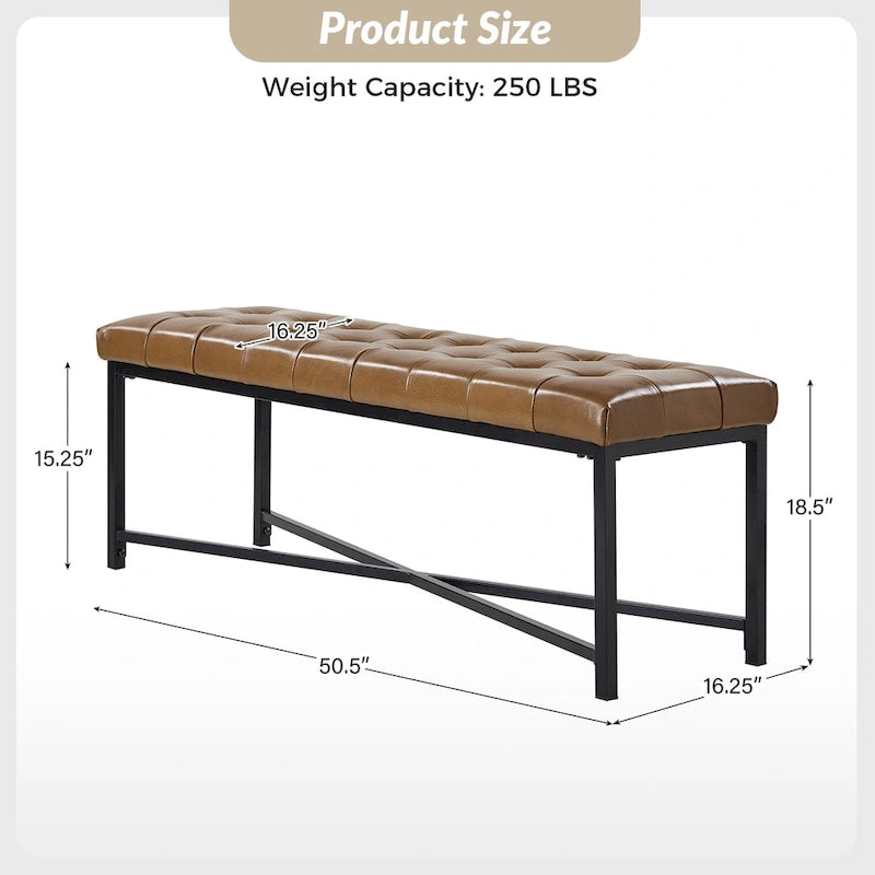 Modern 50.5" Genuine Leather Upholstered Bench with Metal Legs