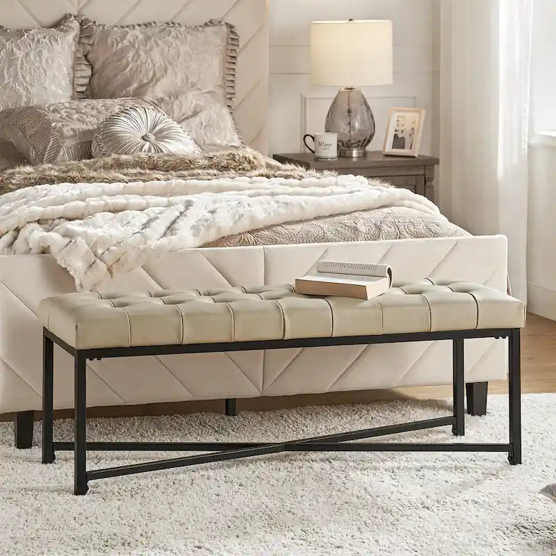 Modern 50.5" Genuine Leather Upholstered Bench with Metal Legs