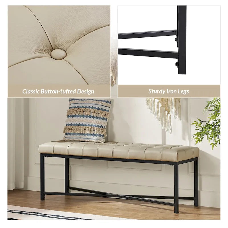 Modern 50.5" Genuine Leather Upholstered Bench with Metal Legs