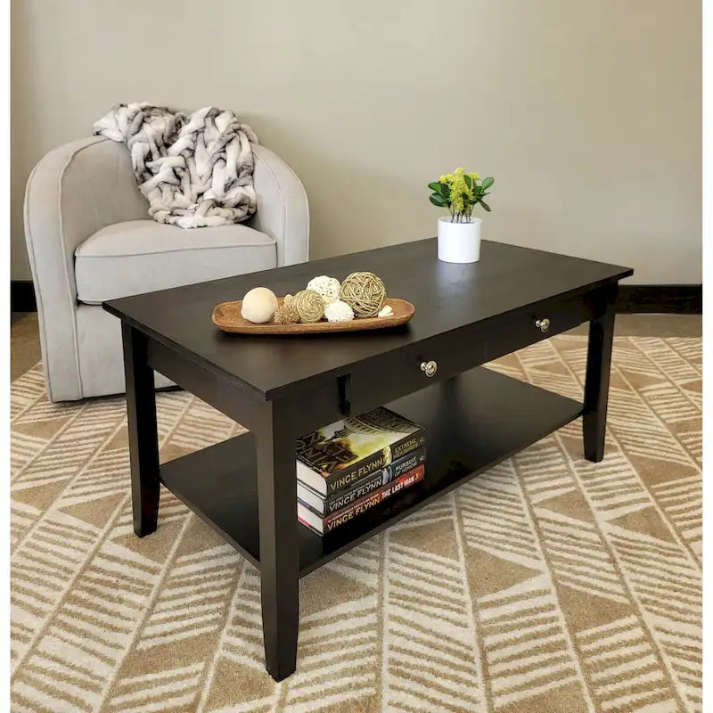 Solid Acacia Coffee Table with Drawer & Bottom Shelf