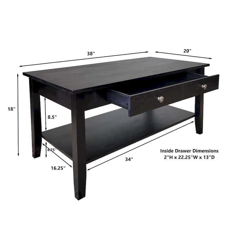 Solid Acacia Coffee Table with Drawer & Bottom Shelf