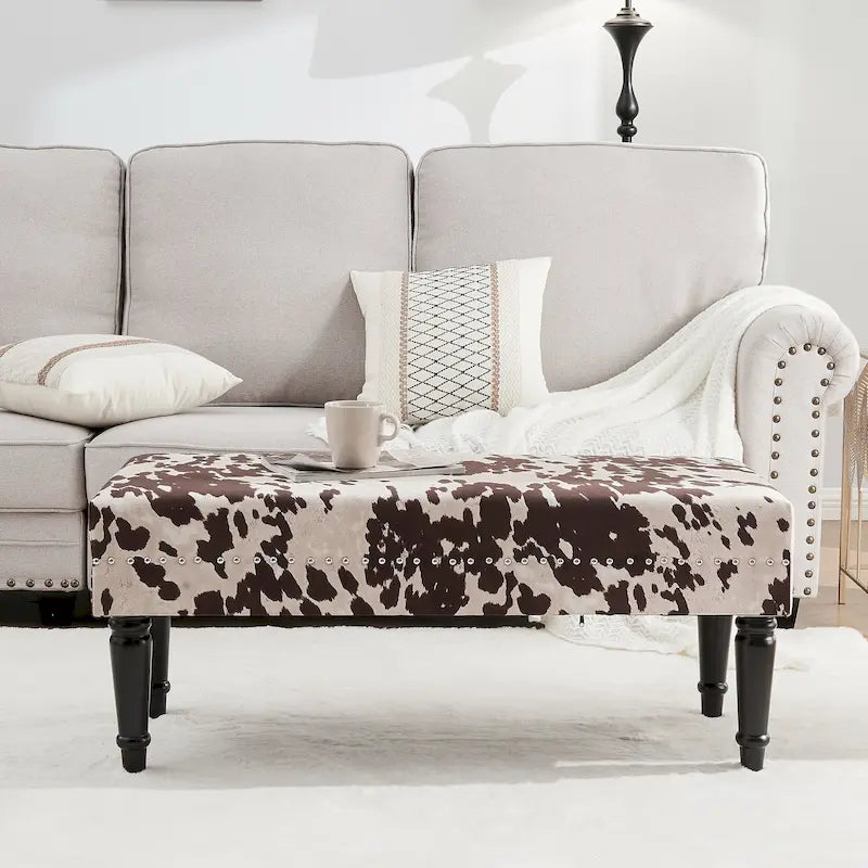 Cow Print Fabric Rectangular Bench Ottoman