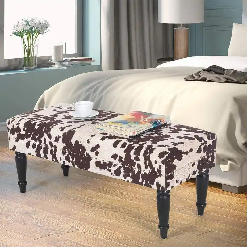 Cow Print Fabric Rectangular Bench Ottoman