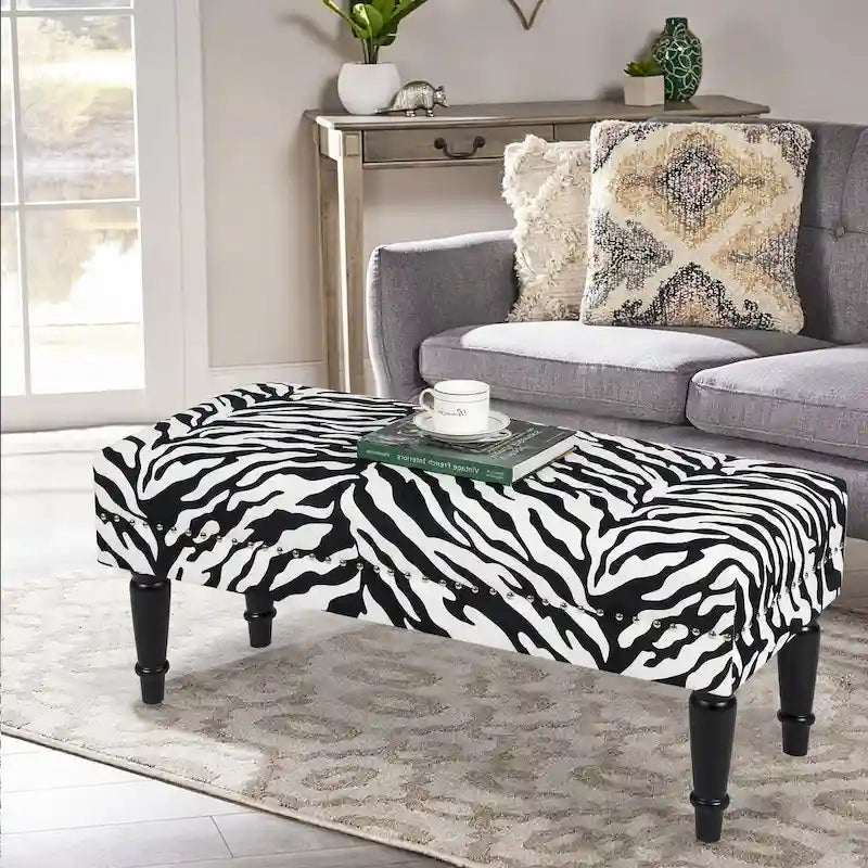 Cow Print Fabric Rectangular Bench Ottoman