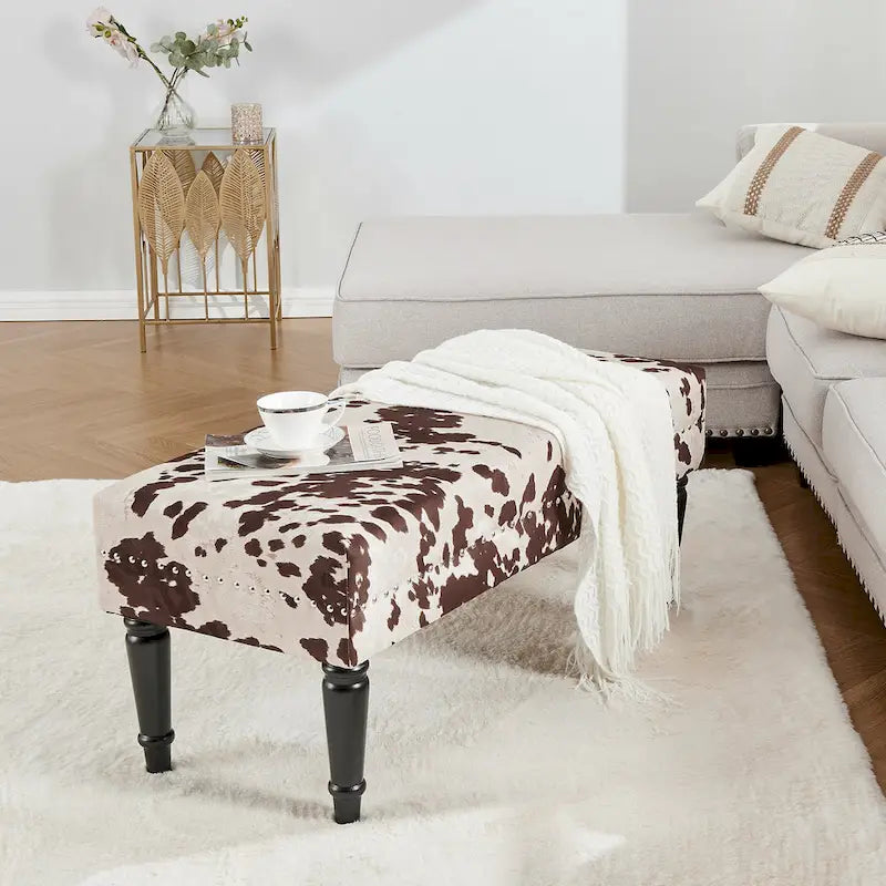 Cow Print Fabric Rectangular Bench Ottoman