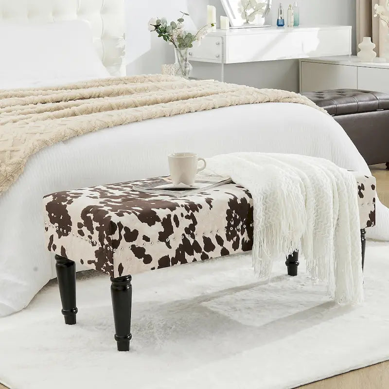 Cow Print Fabric Rectangular Bench Ottoman