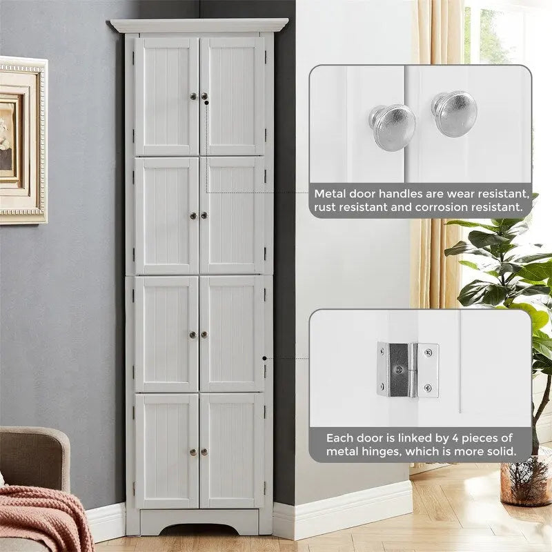 Bathroom Tall Corner Storage Cabinet, Floor Display Storage Cabinet with 8 Doors and 4 Shelves for Bathroom, Living Room