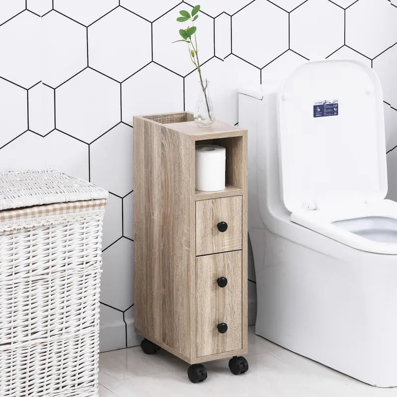 Freestanding Compact Bathroom Cabinet with 2 Open Cabinets, 1 Door, 1 Drawer and 4 Rolling Wheels