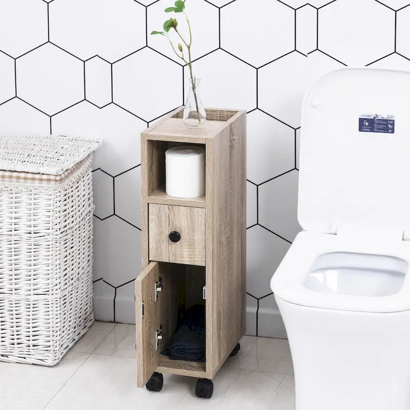 Freestanding Compact Bathroom Cabinet with 2 Open Cabinets, 1 Door, 1 Drawer and 4 Rolling Wheels