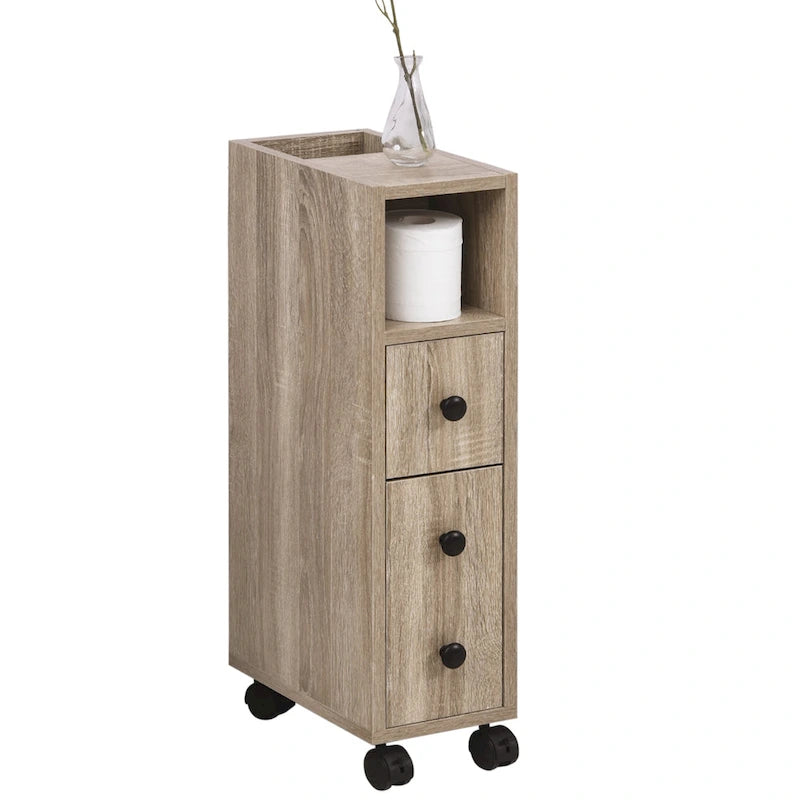Freestanding Compact Bathroom Cabinet with 2 Open Cabinets, 1 Door, 1 Drawer and 4 Rolling Wheels