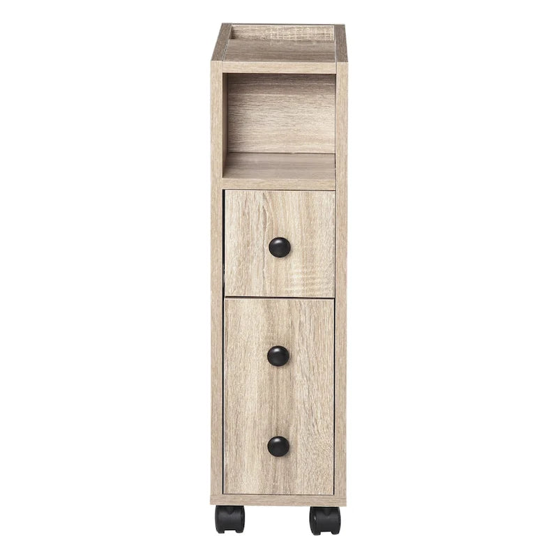 Freestanding Compact Bathroom Cabinet with 2 Open Cabinets, 1 Door, 1 Drawer and 4 Rolling Wheels