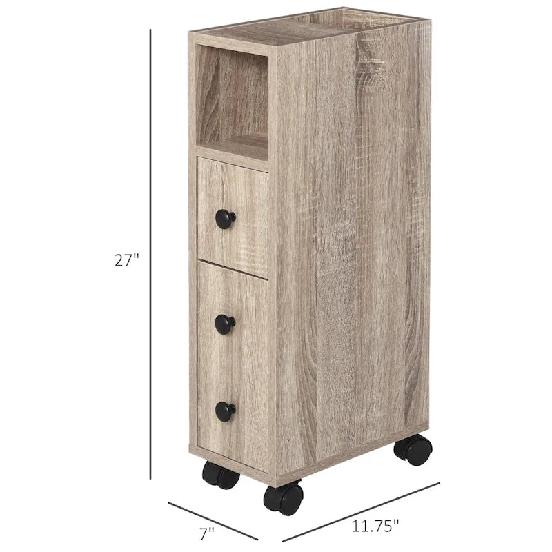 Freestanding Compact Bathroom Cabinet with 2 Open Cabinets, 1 Door, 1 Drawer and 4 Rolling Wheels