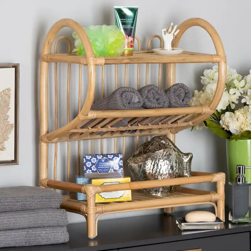 Bohemian Natural Brown Rattan 2-Tier Display Shelf