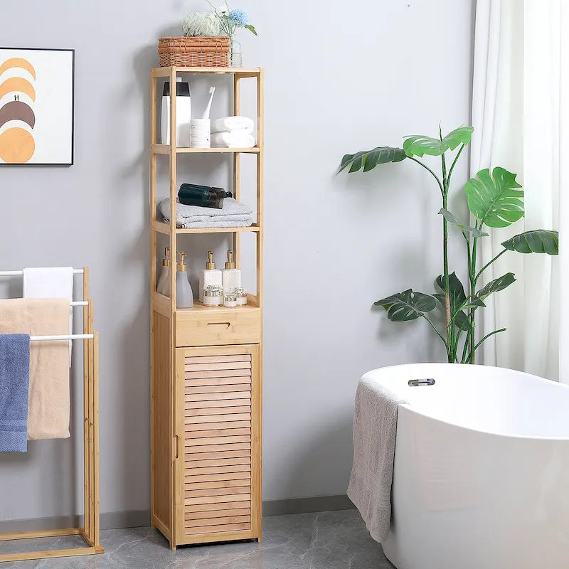 Tall Bathroom Cabinet with Drawer and Slatted Shelves, Slim Bamboo Linen Tower with Louvered Door