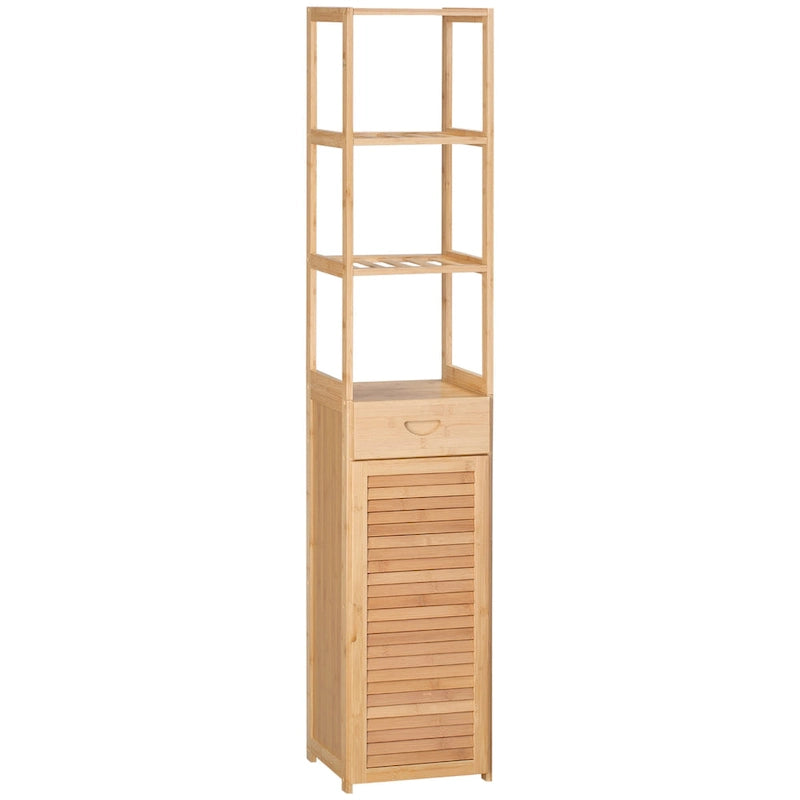 Tall Bathroom Cabinet with Drawer and Slatted Shelves, Slim Bamboo Linen Tower with Louvered Door