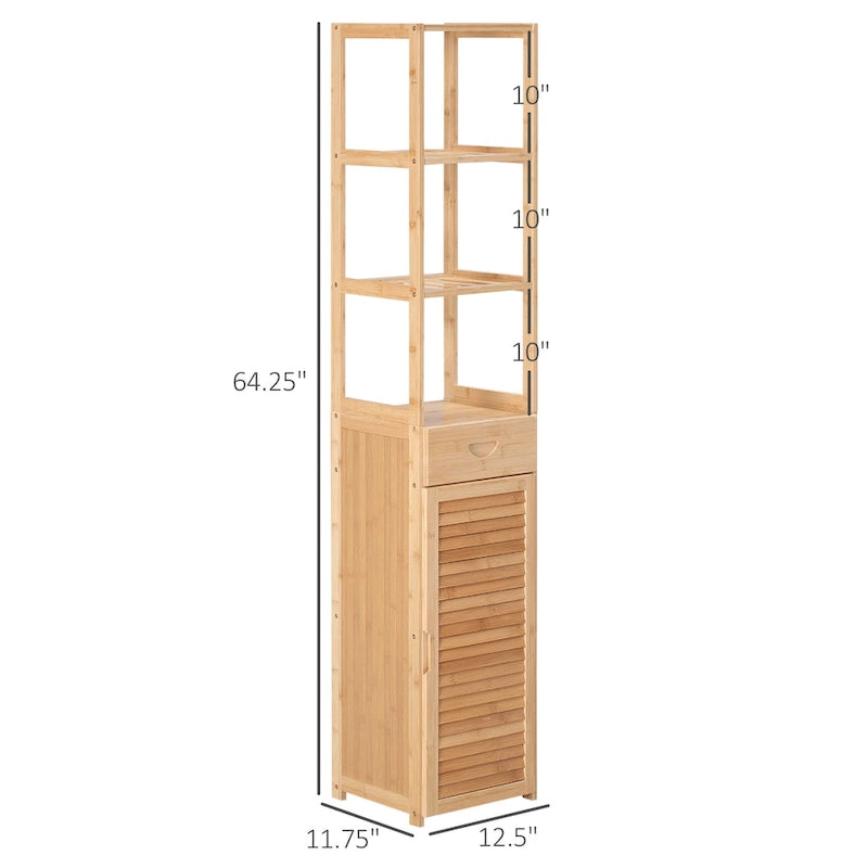 Tall Bathroom Cabinet with Drawer and Slatted Shelves, Slim Bamboo Linen Tower with Louvered Door