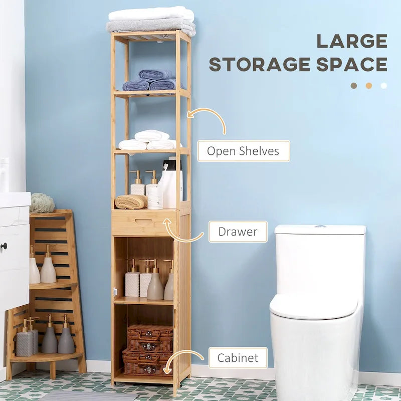 Tall Bathroom Cabinet with Drawer and Slatted Shelves, Slim Bamboo Linen Tower with Louvered Door
