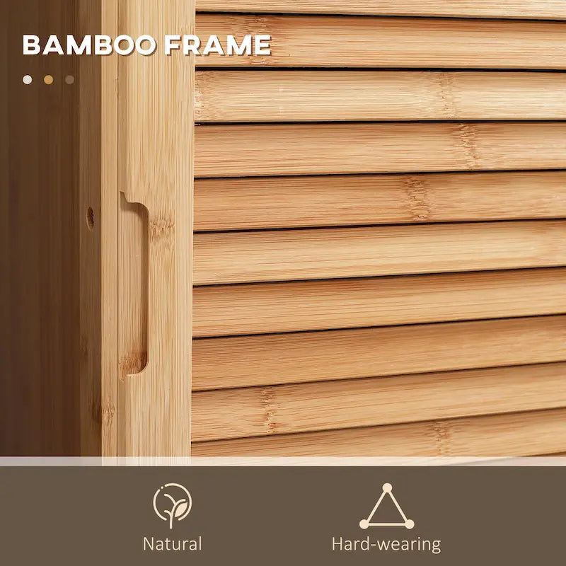 Tall Bathroom Cabinet with Drawer and Slatted Shelves, Slim Bamboo Linen Tower with Louvered Door