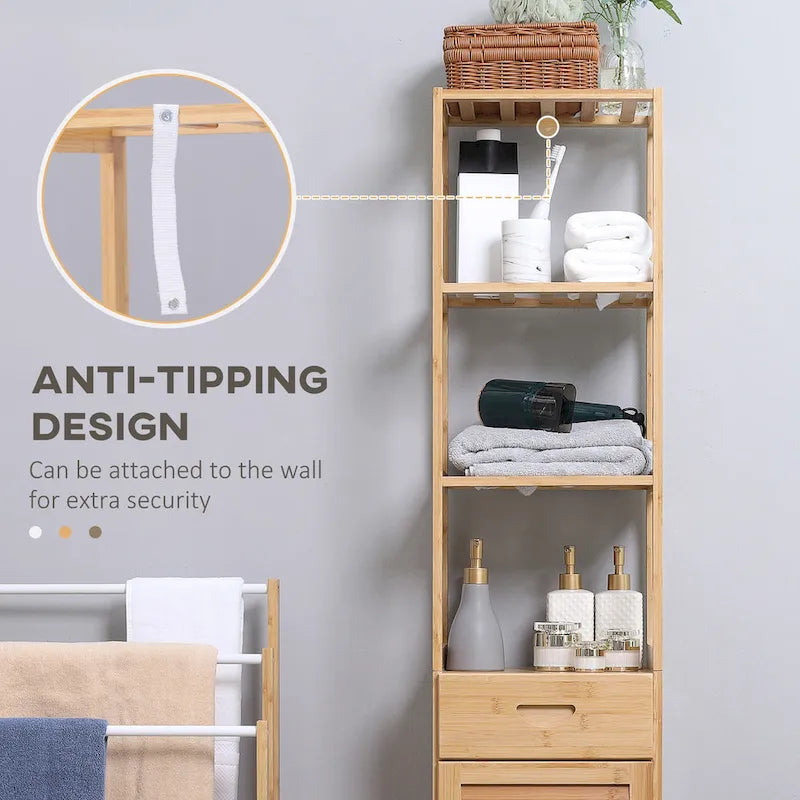 Tall Bathroom Cabinet with Drawer and Slatted Shelves, Slim Bamboo Linen Tower with Louvered Door