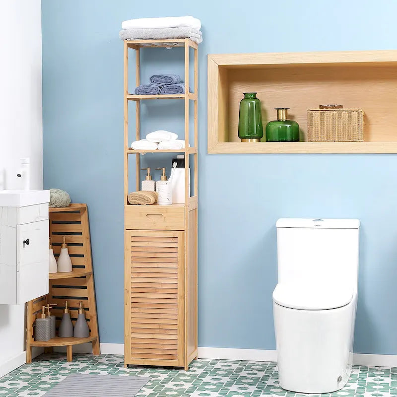 Tall Bathroom Cabinet with Drawer and Slatted Shelves, Slim Bamboo Linen Tower with Louvered Door