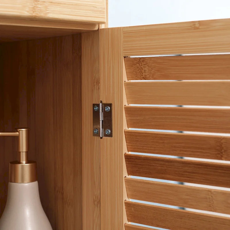 Tall Bathroom Cabinet with Drawer and Slatted Shelves, Slim Bamboo Linen Tower with Louvered Door