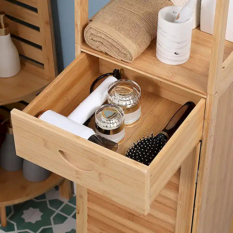Tall Bathroom Cabinet with Drawer and Slatted Shelves, Slim Bamboo Linen Tower with Louvered Door