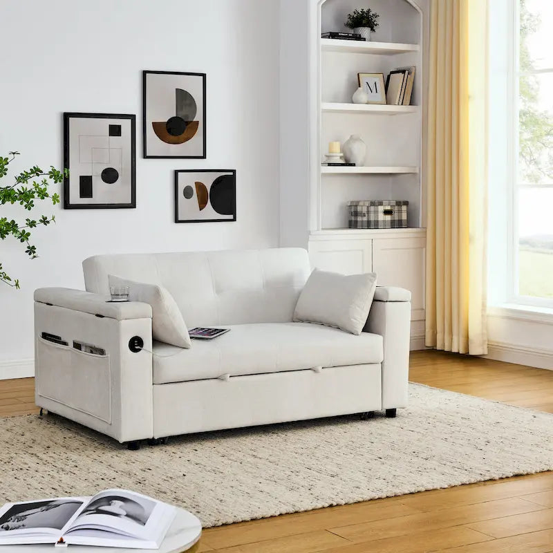 54 Pull-Out Sleeper Sofa Bed Double Seat Recliner Sofa Bed with Armrests with Storage and Side Pockets, Adjustable Backrest and