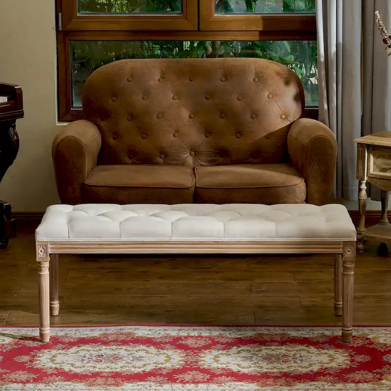 Extra Long French Vintage Upholstered Bench with Carved Wood Frame