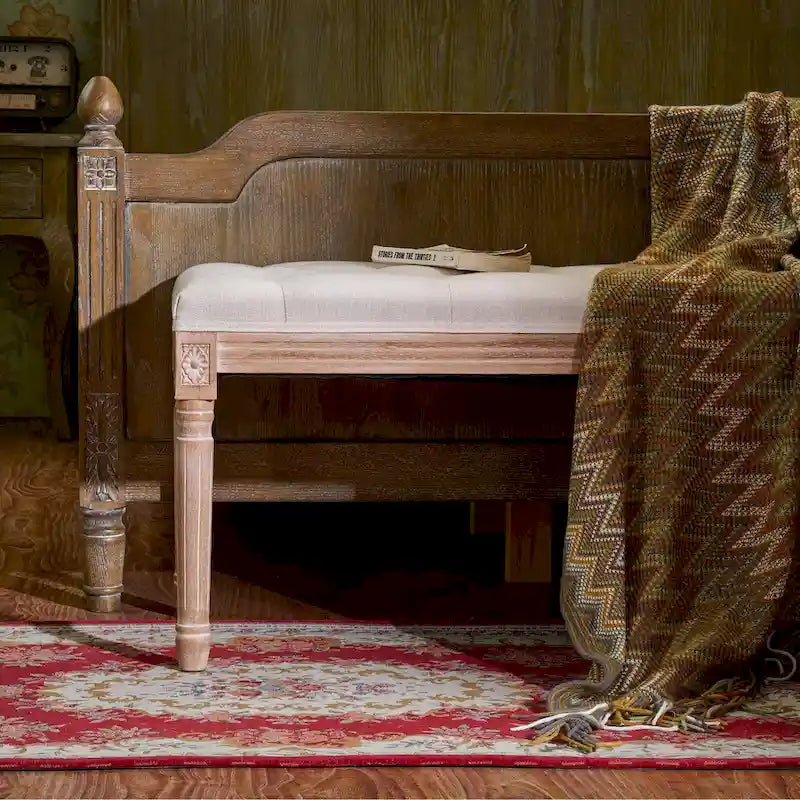 Extra Long French Vintage Upholstered Bench with Carved Wood Frame
