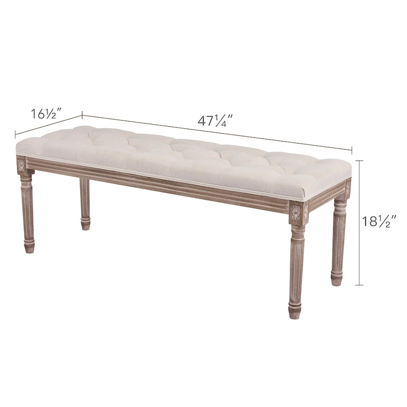 Extra Long French Vintage Upholstered Bench with Carved Wood Frame