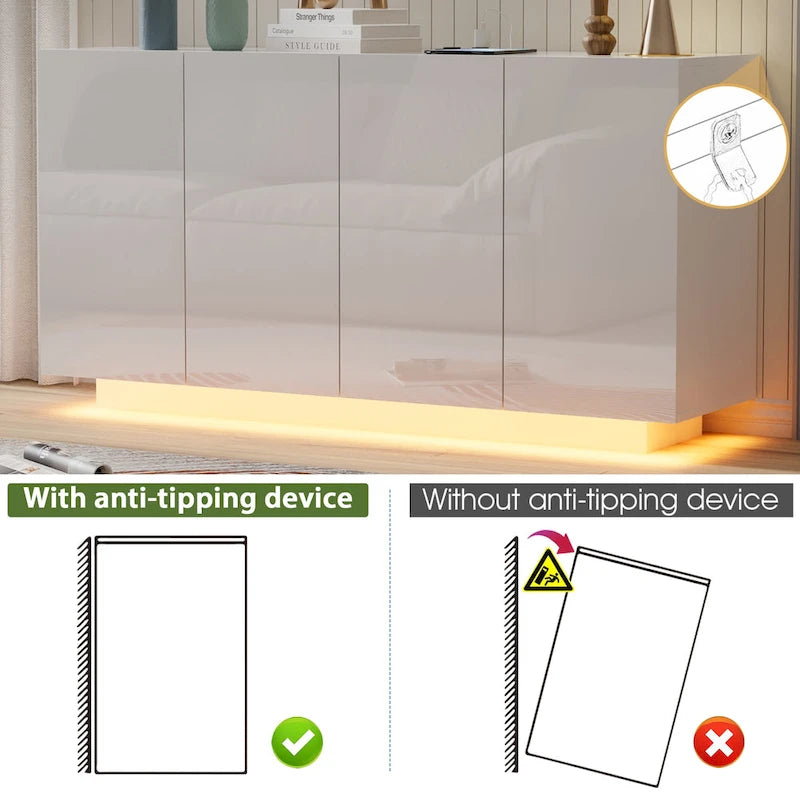 Buffet Cabinet with Storage Bar Cabinet LED light High Gloss Doors for Bedroom, Living Room