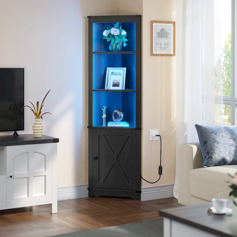 LED Corner Storage Cabinet with Farmhouse Barn Door