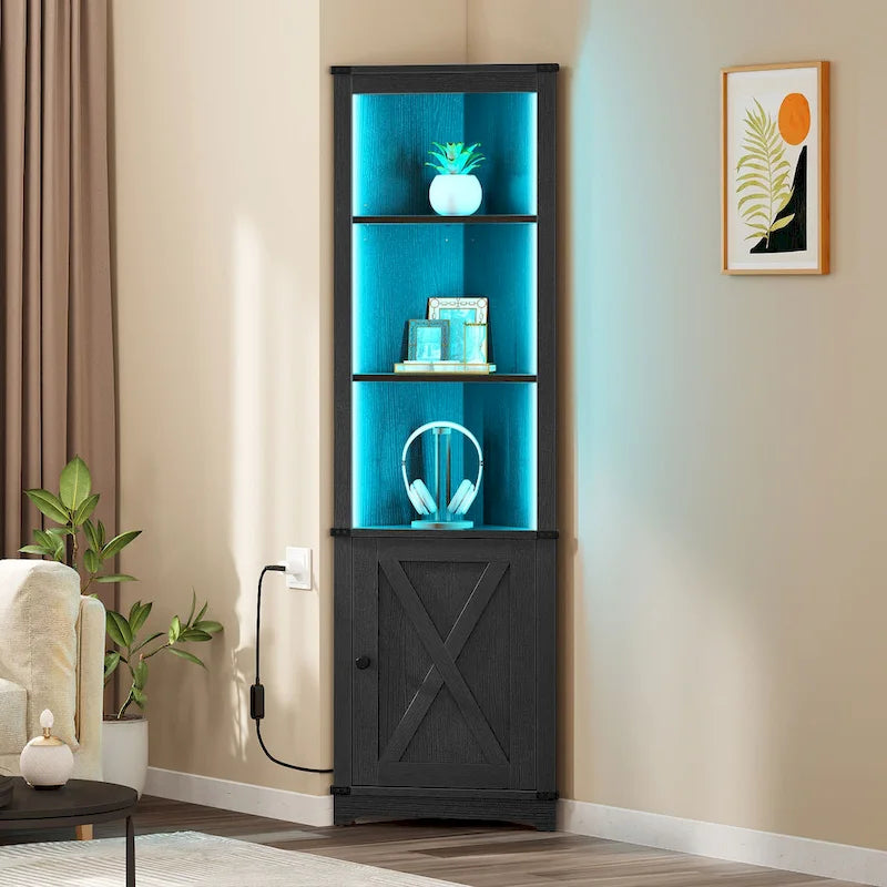 LED Corner Storage Cabinet with Farmhouse Barn Door