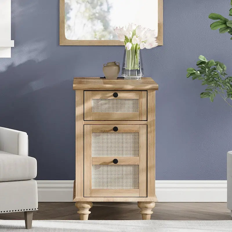 WAMPAT Farmhouse End Table with Charging Station, Wood Sofa Side Table