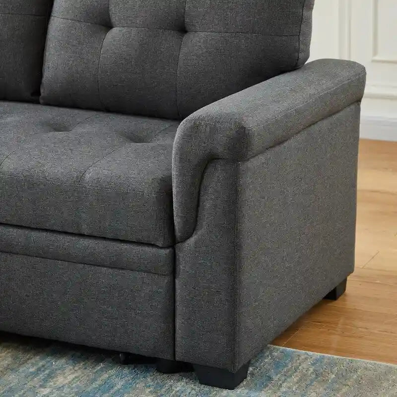 Solid Wood Frame Linen Reversible Sleeper Sectional Sofa with Storage Chaise