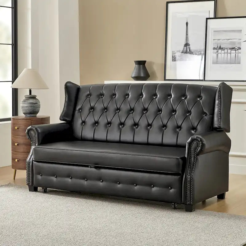 Transitional Chesterfield Vegan Leather Sofa Bed with Tufted Back