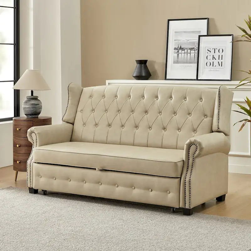 Transitional Chesterfield Vegan Leather Sofa Bed with Tufted Back