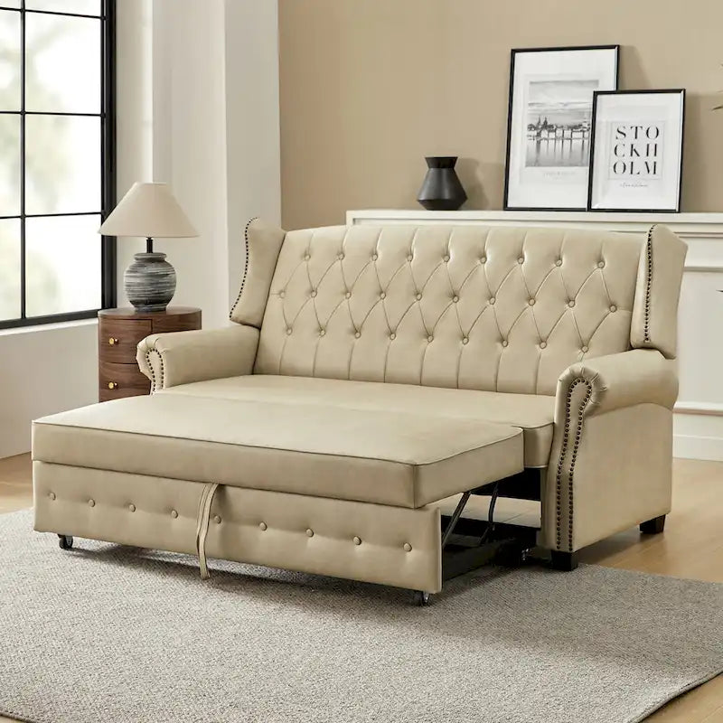 Transitional Chesterfield Vegan Leather Sofa Bed with Tufted Back