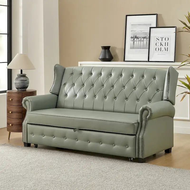 Transitional Chesterfield Vegan Leather Sofa Bed with Tufted Back