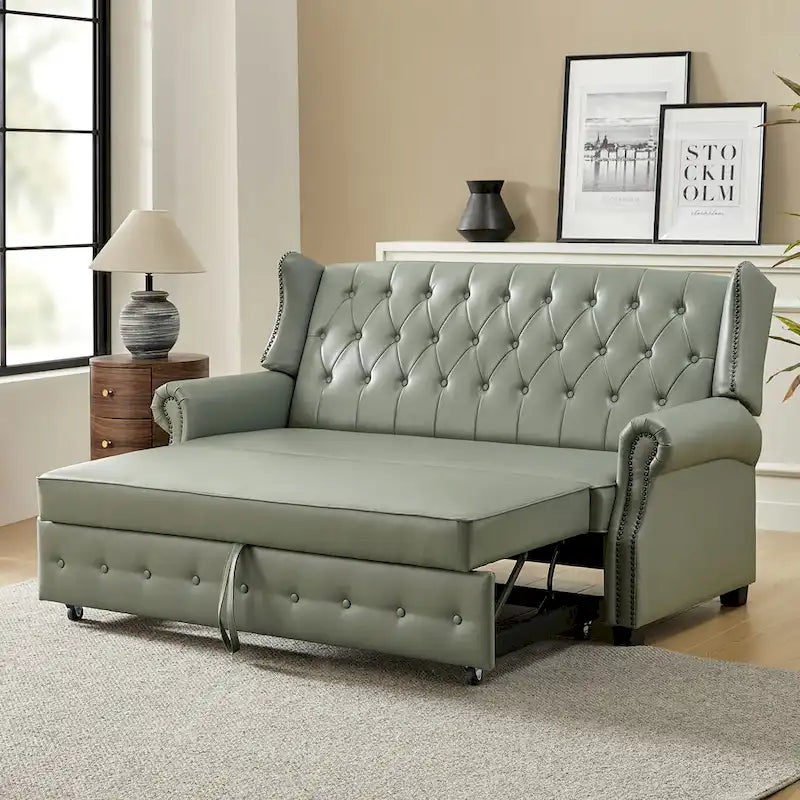Transitional Chesterfield Vegan Leather Sofa Bed with Tufted Back