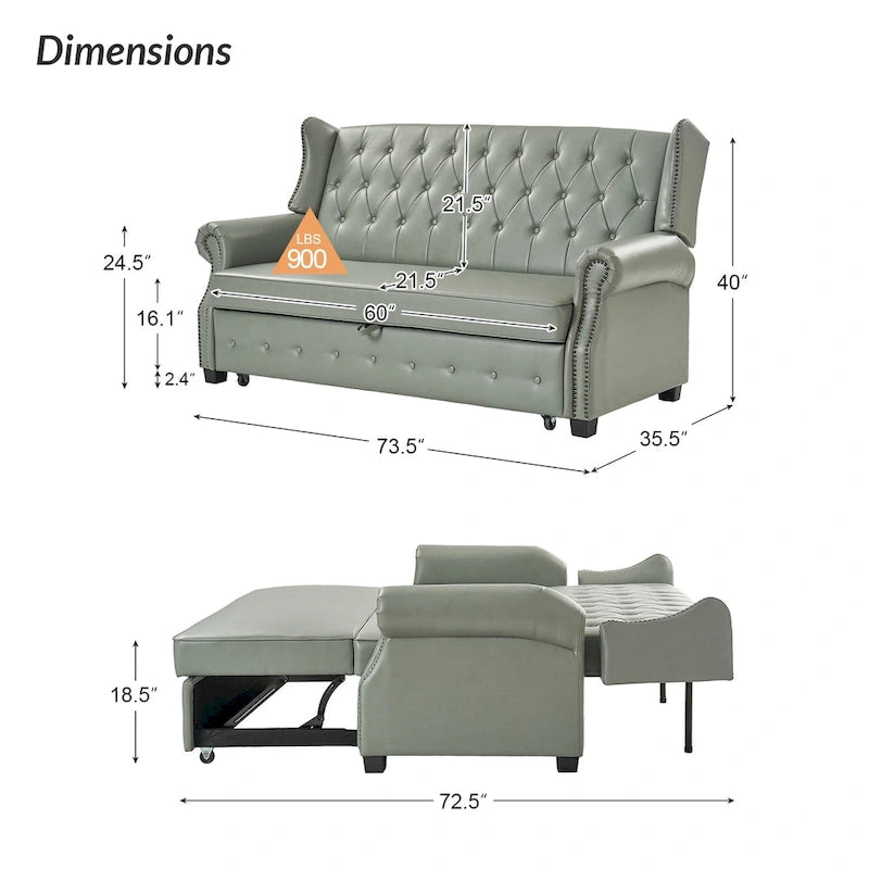 Transitional Chesterfield Vegan Leather Sofa Bed with Tufted Back