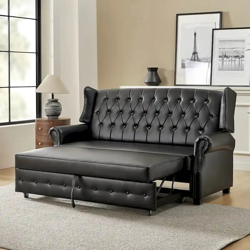 Transitional Chesterfield Vegan Leather Sofa Bed with Tufted Back