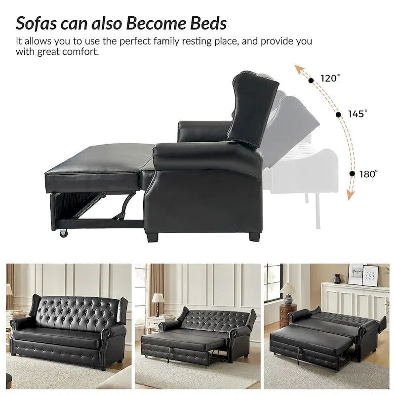 Transitional Chesterfield Vegan Leather Sofa Bed with Tufted Back