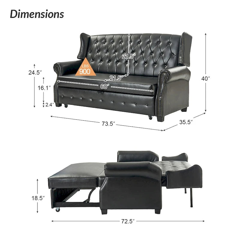 Transitional Chesterfield Vegan Leather Sofa Bed with Tufted Back
