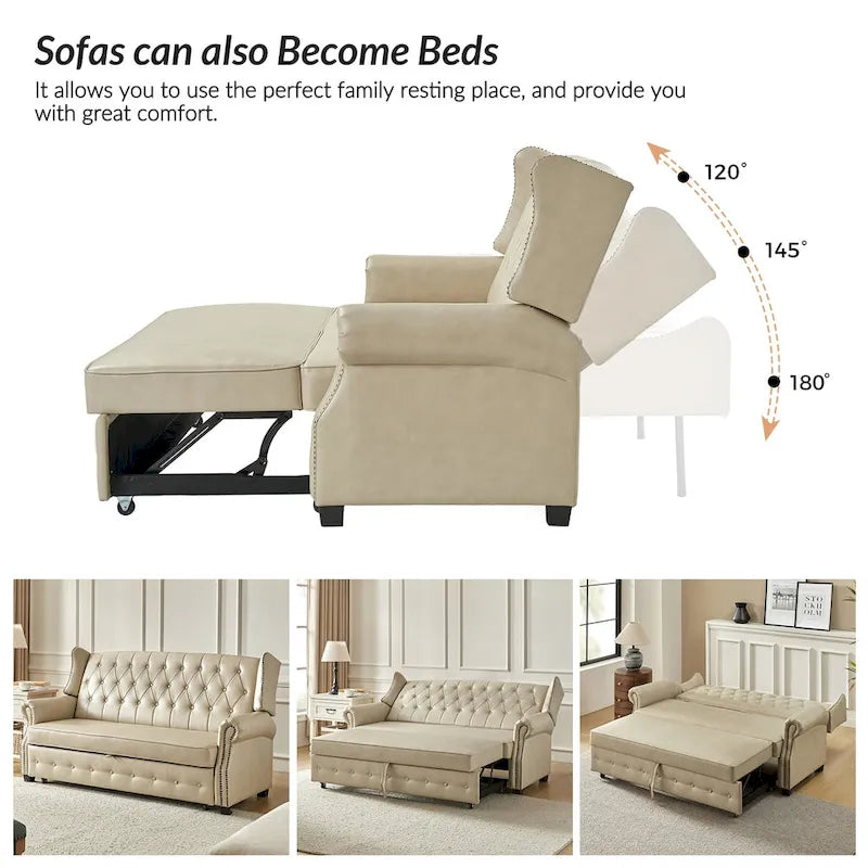 Transitional Chesterfield Vegan Leather Sofa Bed with Tufted Back