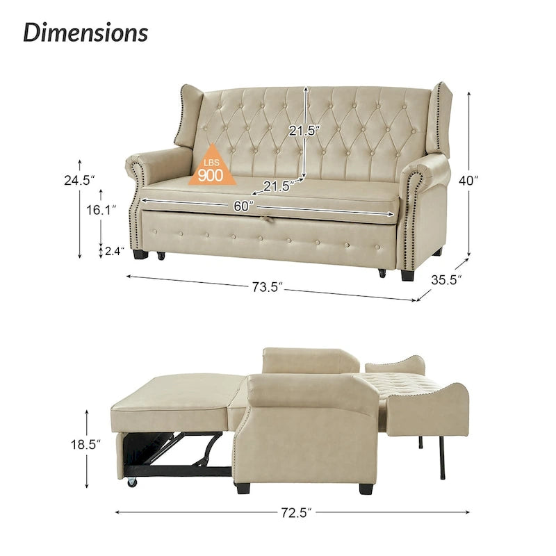 Transitional Chesterfield Vegan Leather Sofa Bed with Tufted Back